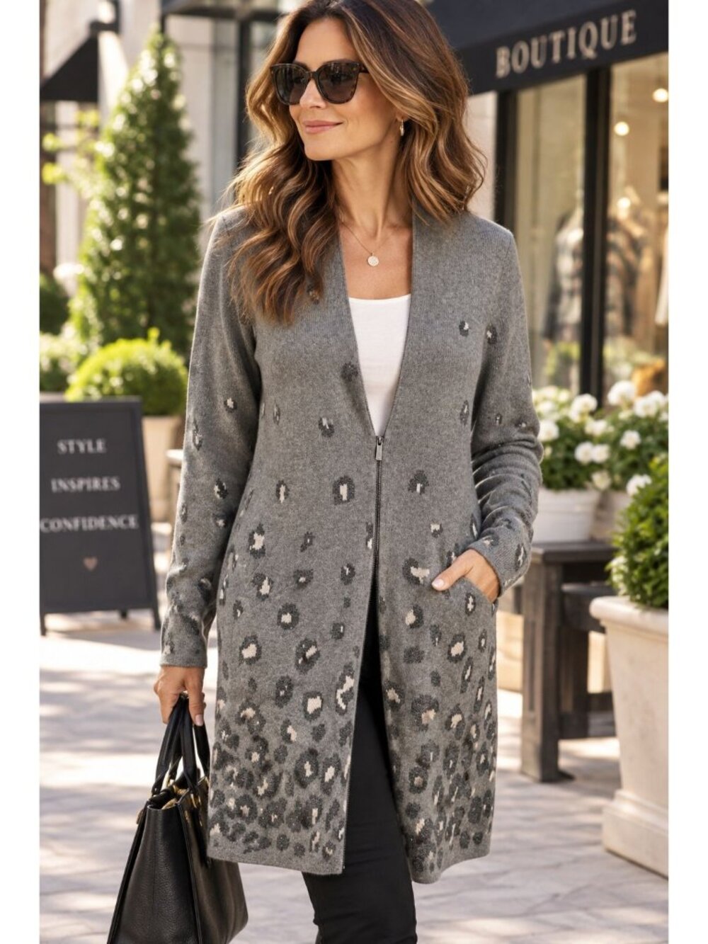 Chico's Size 1 M Gray Leopard Animal Print Long Zip Cardigan Metallic Sparkle